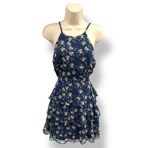 BCX NWT Navy Floral Tiered Midi Dress Lined Metallic Detail Size S